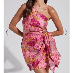 Brailey Mini Dress - One Shoulder Wrap Front Dress in Pink Jacquard - Size 12